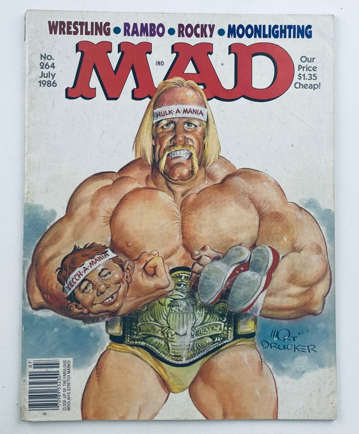 Mad Magazine July 1986 No. 264 featuring WWF Hulk Hogan on the cover, showcasing a humorous and nostalgic illustration characteristic of the era.