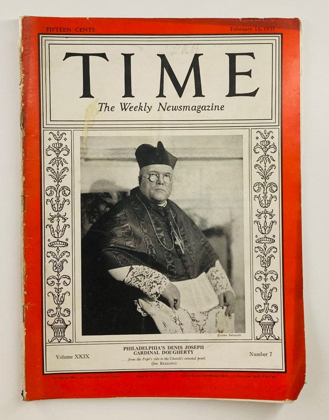 VTG Time Magazine February 15 1937 Vol 29 No. 7 Denis Joseph Cardinal Dougherty