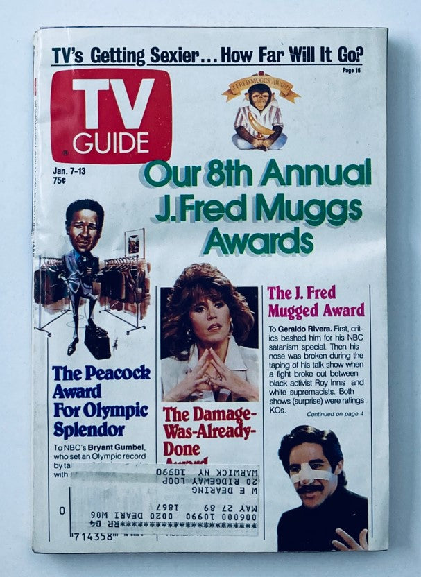 TV Guide Magazine January 7 1989 featuring Jane Fonda and Bryant Gumbel on the cover, highlighting the J. Fred Muggs Awards and other TV-related content.