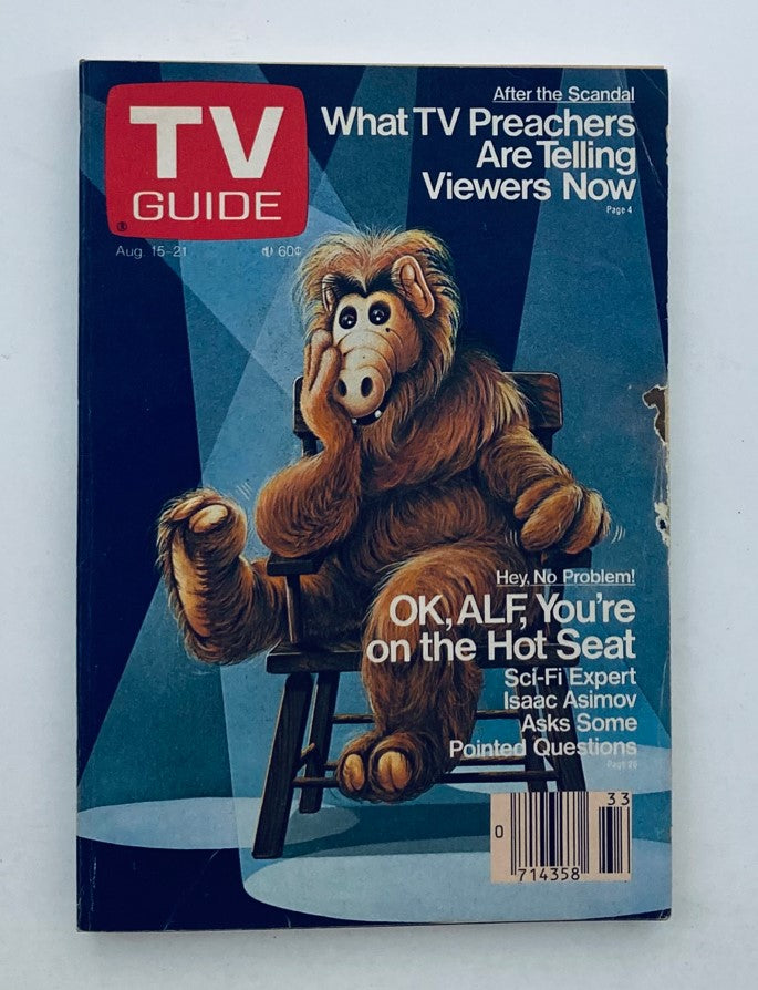 TV Guide Magazine from August 15, 1987 featuring ALF on the Hot Seat, showcasing a nostalgic cover with ALF in a chair, reflecting 1980s television culture.