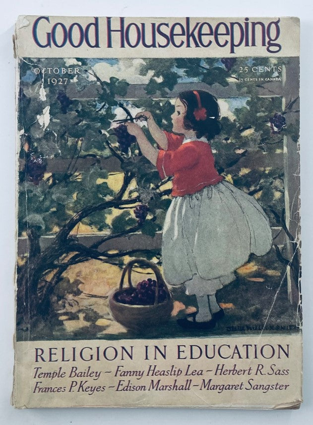 VTG Good Housekeeping Magazine October 1927 cover featuring a young girl picking grapes, with the theme 'Religion in Education', showcasing vintage art and historical design.