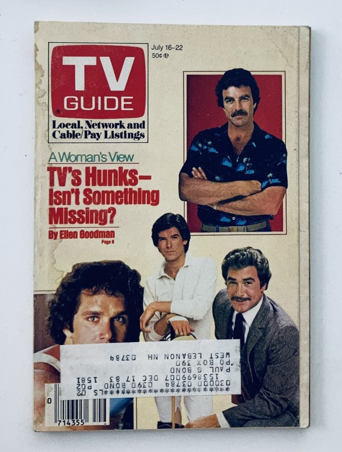 Cover of TV Guide Magazine from July 16, 1983 featuring Pierce Brosnan and Tom Selleck with the headline about TV's hunks, representing the era's television culture.