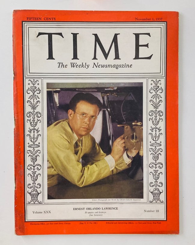 VTG Time Magazine November 1 1937 Vol 30 No. 18 Ernest Orlando Lawrence