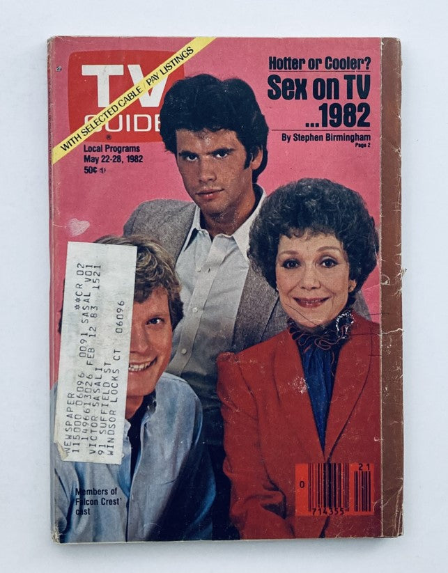 Cover of TV Guide Magazine from May 22, 1982 featuring members of Falcon Crest, with a title reading 'Hotter or Cooler? Sex on TV... 1982' and the date highlighted, showcasing vintage television culture.