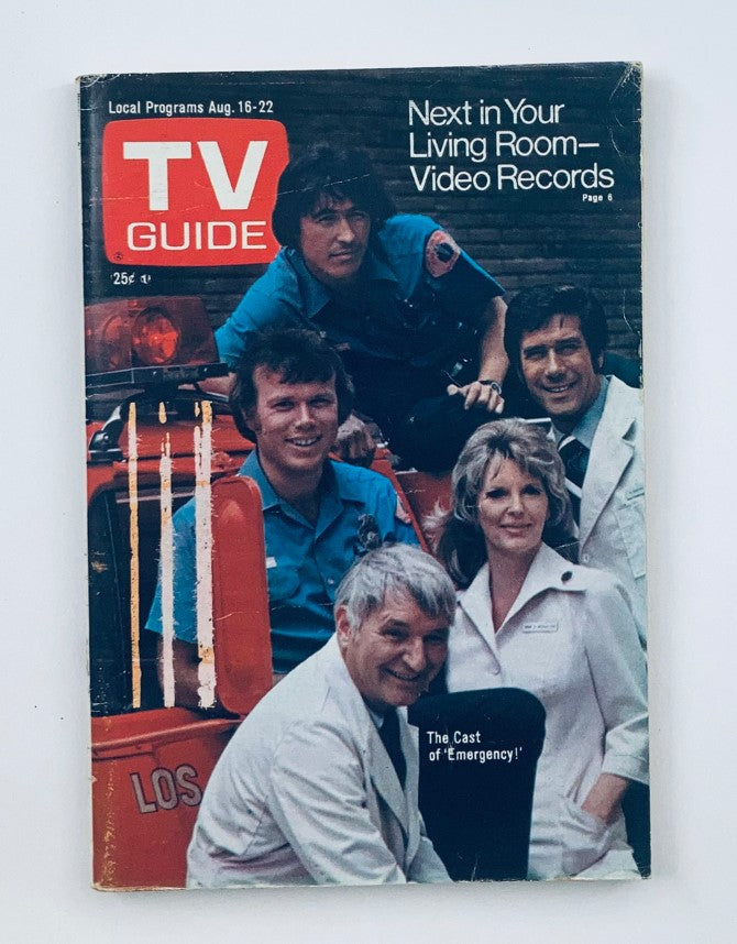 Cover of TV Guide Magazine August 16 1975 featuring the cast of 'Emergency!'. This collectible magazine showcases a nostalgic snapshot of 1970s television.