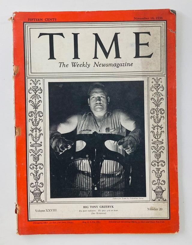 VTG Time Magazine November 16 1936 Vol 28 No. 20 Big Tony Grzebyk