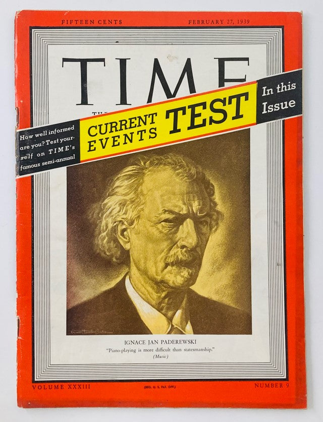 VTG Time Magazine February 27 1939 Vol 33 No. 9 Ignace Jan Paderewski