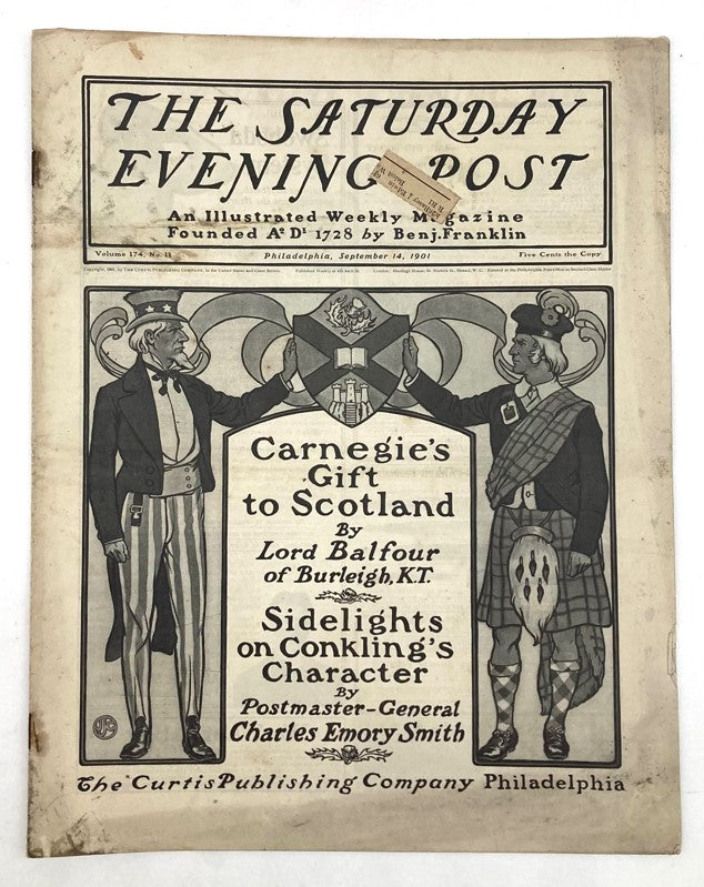 Saturday Evening Post Illustrated Cover Magazine September 14 1901 Carnegie Gift