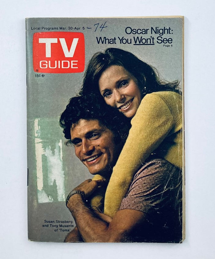 TV Guide Magazine March 30 1974 #1096 featuring Susan Strasberg on the cover, with highlights about Oscar Night and local programs.
