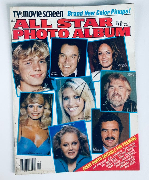 Front cover of the VTG TV & Movie Screen 1980 All Star Photo Album featuring John Schneider and other celebrities like Larry Hagman and Burt Reynolds. This vintage magazine captures iconic moments from the early 1980s entertainment scene.