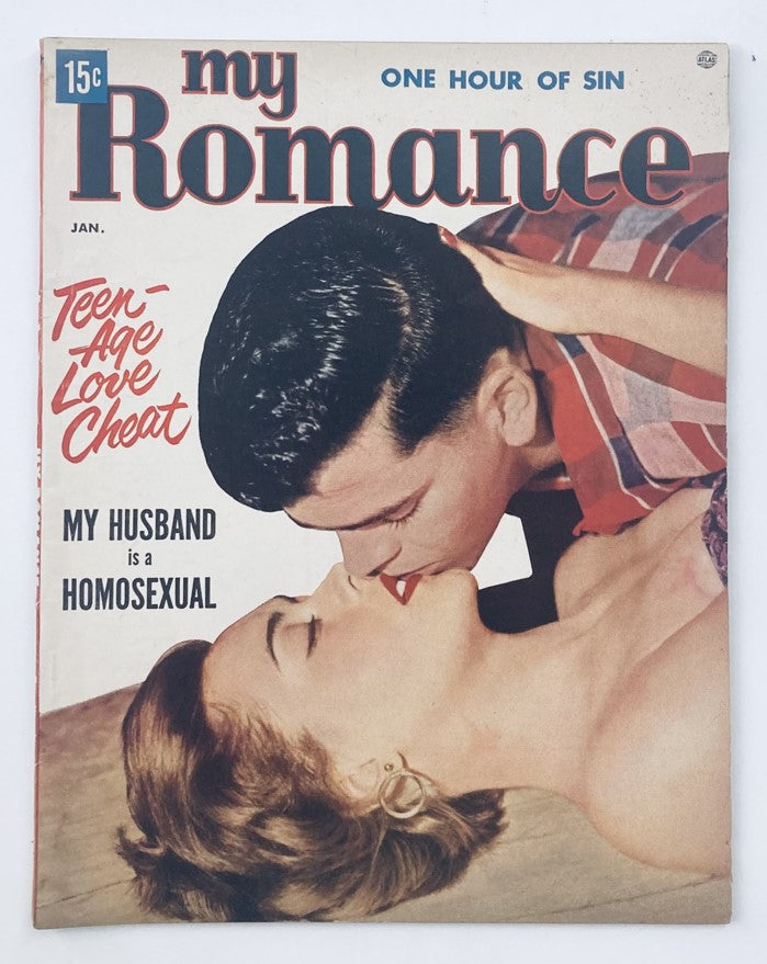 VTG My Romance Magazine January 1954 cover featuring a romantic illustration with the title 'My Husband is a Homosexual' and the tagline 'Teen-Age Love Cheat'. The magazine is presented in a visually appealing way, showcasing vintage artwork.