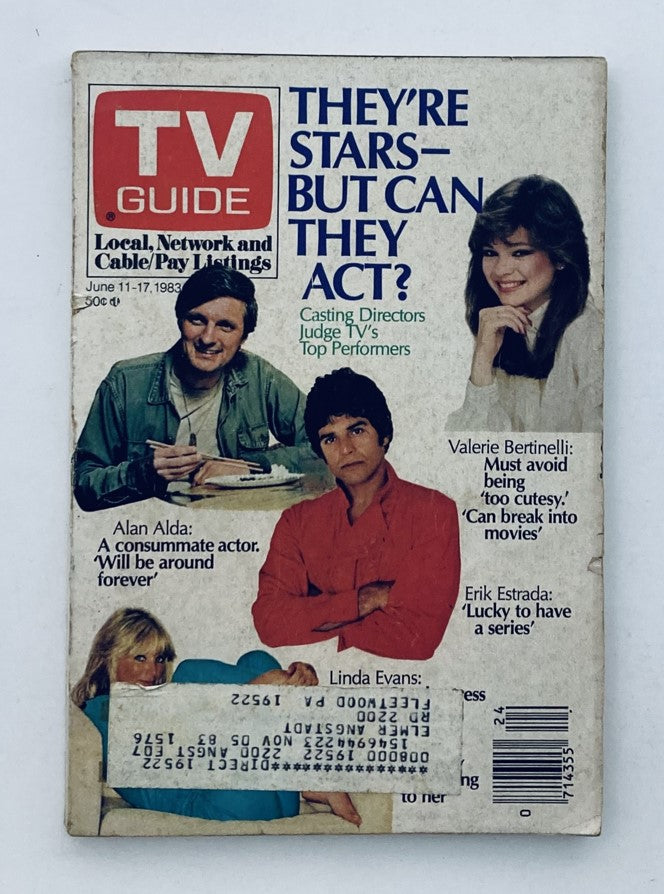 TV Guide Magazine June 11 1983 featuring Alan Alda and Valerie Bertinelli on the cover, discussing TV stars and acting. The edition includes notable articles and profiles of popular television personalities.