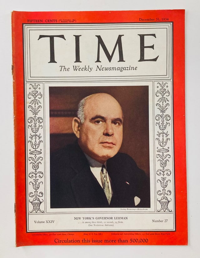 VTG Time Magazine December 31 1934 Vol 24 No. 27 New York Gov. Herbert H. Lehman