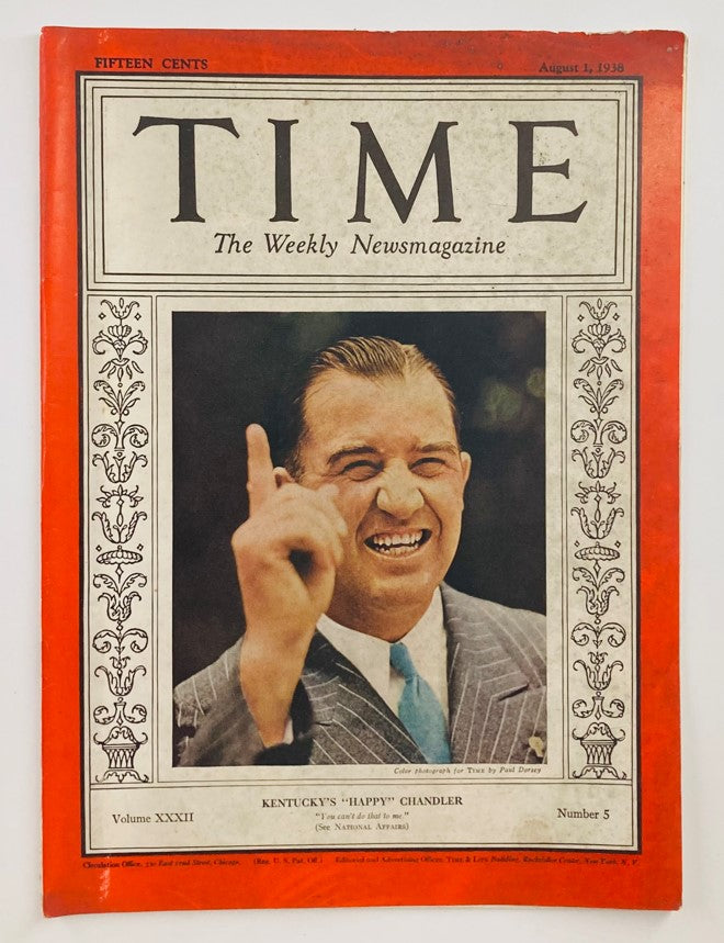 VTG Time Magazine August 1 1938 Vol 32 No. 5 Kentucky's "Happy" Chandler