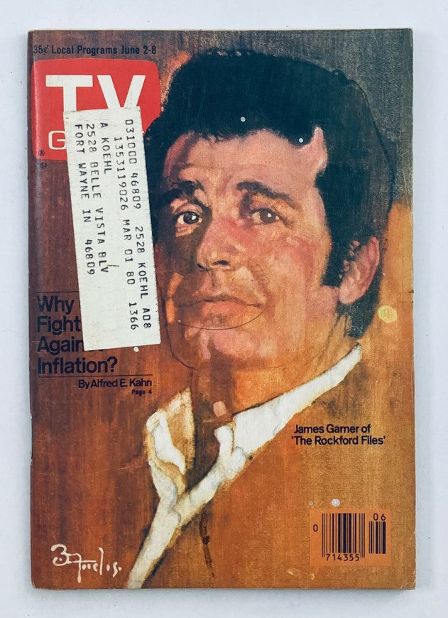 TV Guide Magazine June 2 1979 #1366 featuring James Garner on the cover, showcasing a vintage design with a notable sticker affixed.