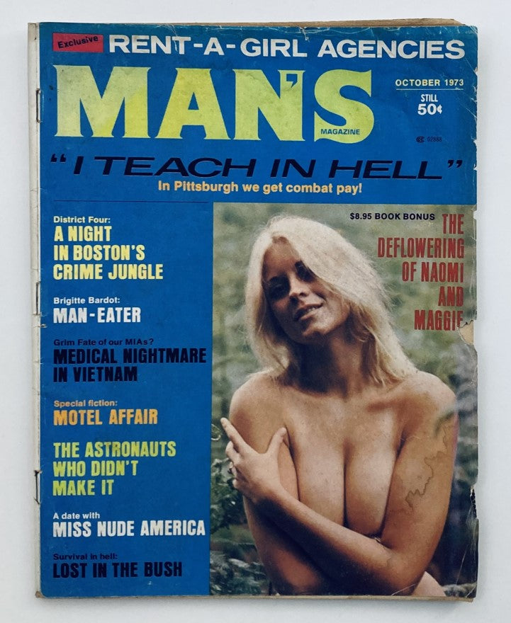 VTG Man's Magazine October 1973 Vol 21 No. 10 cover featuring Naomi and Maggie, showcasing retro design and notable articles of the 1970s.