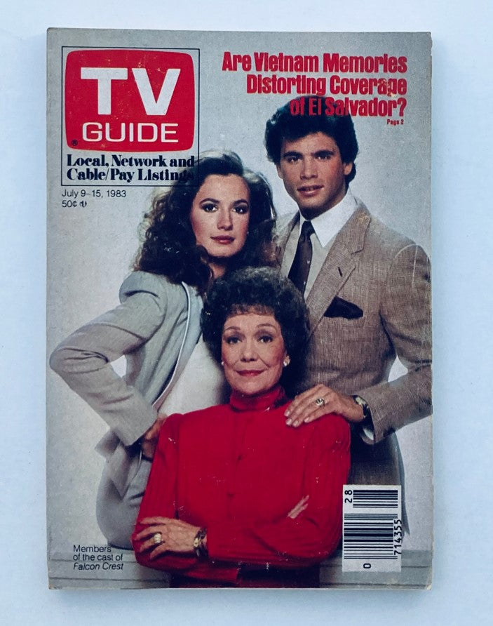 TV Guide Magazine cover from July 9, 1983 featuring the cast of Falcon Crest. The cover highlights topics like Vietnam memories and includes images of the actors, ideal for collectors and fans of vintage television.