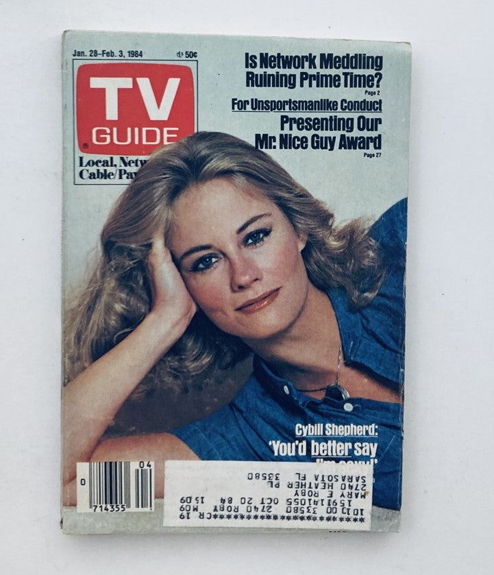 TV Guide Magazine cover from January 28 to February 3, 1984 featuring Cybill Shepherd, showcasing an article about network meddling and prime time, priced at 50 cents.