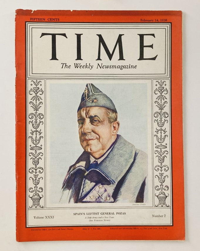 VTG Time Magazine February 14 1938 Vol 31 No. 7 Spain Gen. Sebastián Pozas Perea