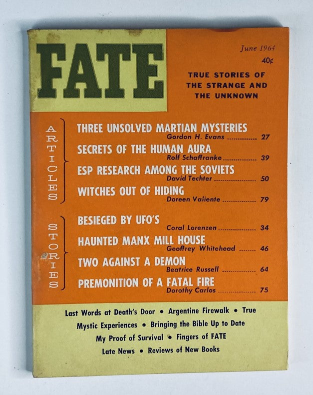 Cover of VTG Fate Magazine June 1964, Volume 17, No. 6 featuring the title 'Witches Out of Hiding' and articles on various mystical topics.