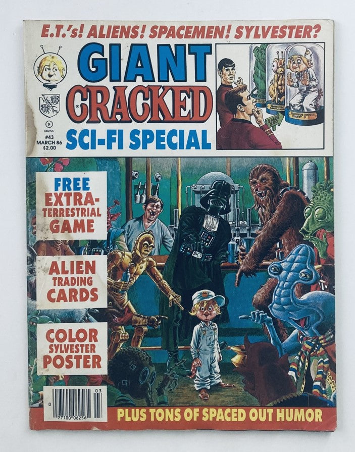 Cover of Giant Cracked Sci-Fi Special March 1986 #43 featuring prominent characters from science fiction, including a robot, Darth Vader, and various extraterrestrial beings, capturing a humorous and colorful scene.