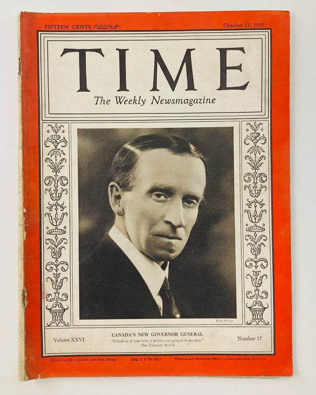 VTG Time Magazine October 21 1935 Vol 26 No. 17 John Buchan No Label