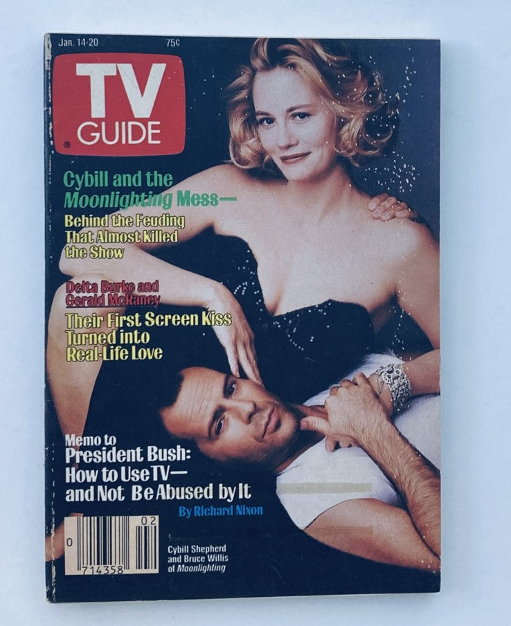 TV Guide Magazine cover from January 14, 1989 featuring Cybill Shepherd and Bruce Willis, highlighting their roles in 'Moonlighting' and discussing behind-the-scenes feuds.