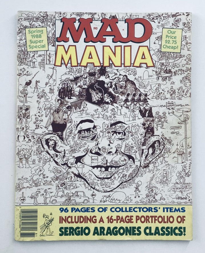 Cover of Mad Magazine Spring 1988 No. 62 featuring bold 'MAD MANIA' title and intricate artwork by Sergio Aragones with humoristic illustrations reflective of 1980s culture.