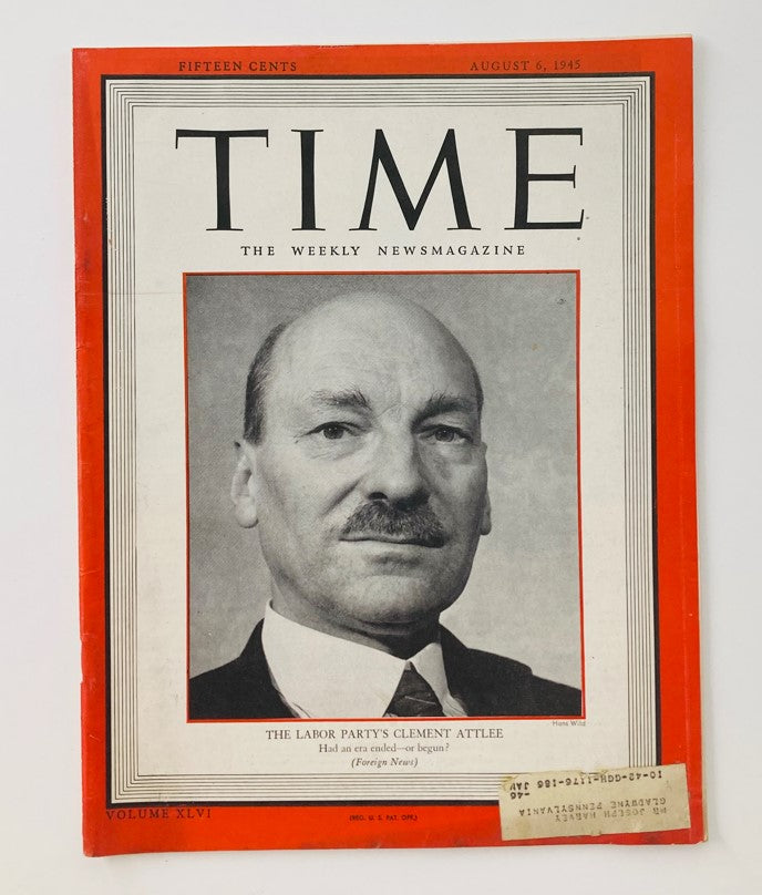 VTG Time Magazine August 6 1945 Vol 46 No. 6 Labor Party's Clement Attlee