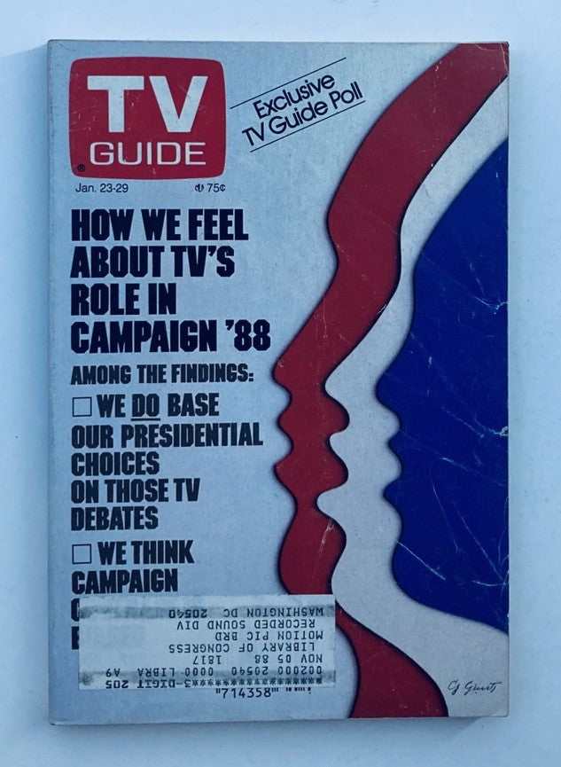 TV Guide Magazine cover from January 23, 1988, featuring the title 'How We Feel About TV's Role in Campaign ’88'. The image showcases a stylized graphic of two profiles in red and blue, indicating political themes related to presidential choices influenced by TV debates. This Baltimore edition magazine is a collectible piece of television history.