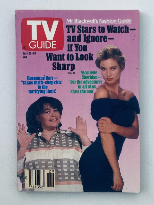 TV Guide Magazine from July 22, 1989, featuring Nicollette Sheridan and Roseanne Barr on the cover, discussing TV stars to watch and ignore. A vintage magazine in pristine condition.