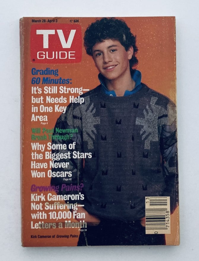 Cover of TV Guide Magazine March 28 1987 featuring Kirk Cameron. The cover includes articles on television ratings, notable stars, and fan mail insights. A young Kirk Cameron is photographed wearing a patterned sweater.