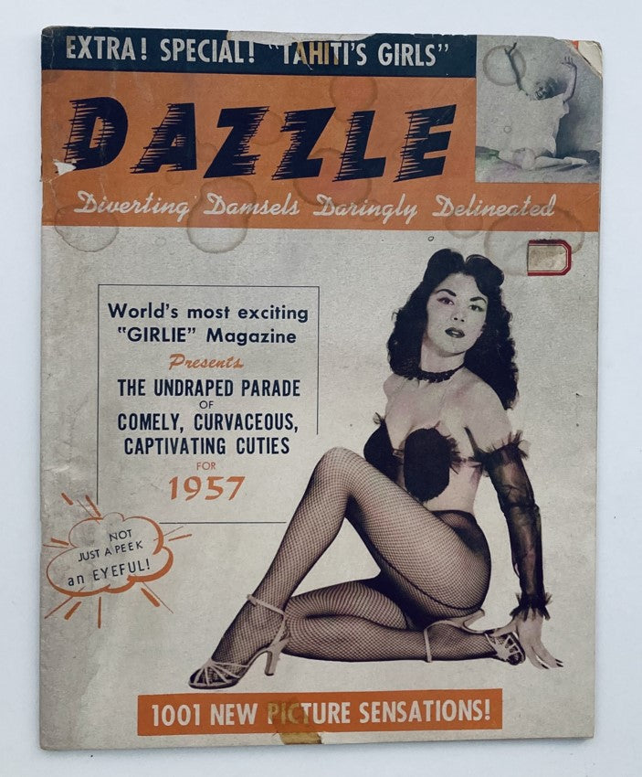 Cover of VTG Dazzle Adult Magazine 1957 titled 'The Undraped Parade of Comely', featuring a vintage illustration of a woman in lingerie.