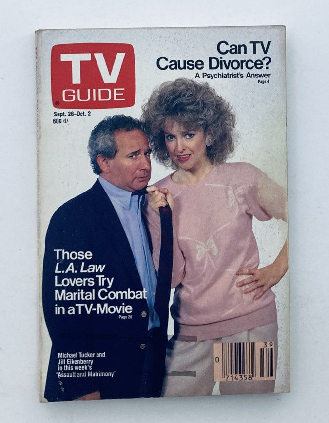 TV Guide Magazine cover from September 26, 1987 featuring Michael Tucker and Jill Eikenberry discussing the impact of TV on divorce. This Pittsburgh Metropolitan Edition highlights 'L.A. Law' and marital combat in a TV movie.