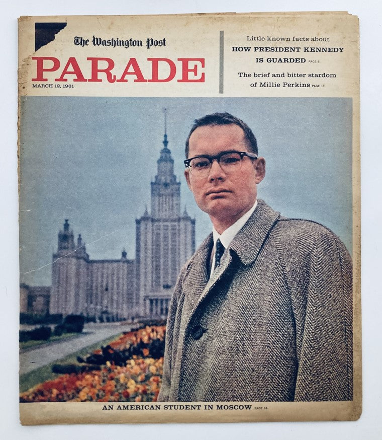 Cover of the Parade Newspaper Magazine from the Washington Post, dated March 12, 1961, featuring an American student in Moscow with historical landmarks in the background.