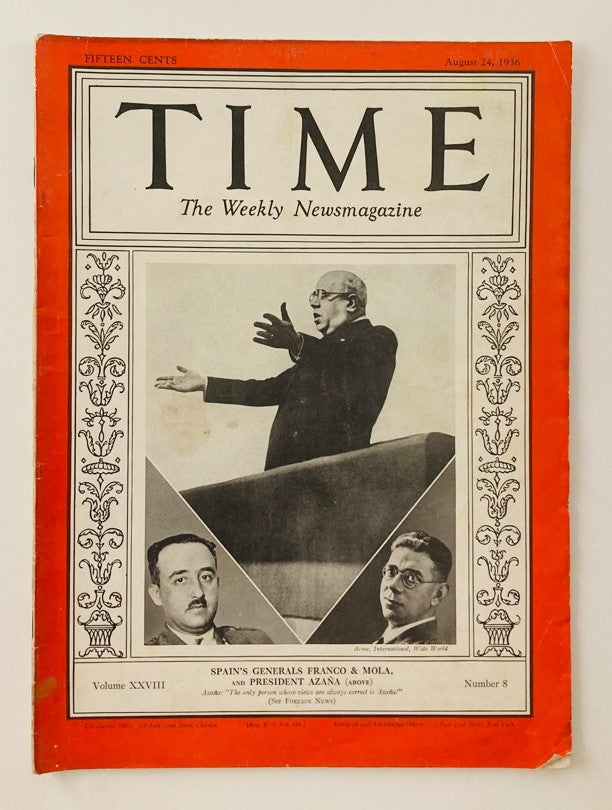 VTG Time Magazine August 24 1936 Vol 28 No. 8 Spain's Gen. Franco, Mola & Azaña