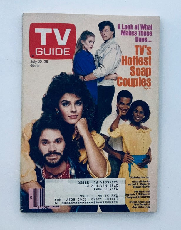 Cover of TV Guide Magazine from July 20 1985 featuring Kristian Alfonso and showcasing TV's hottest soap couples, highlighting classic television history.