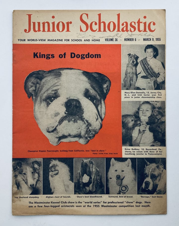 Vintage Junior Scholastic Magazine dated March 9, 1955 featuring the cover titled 'Kings of Dogdom' with Champion Kippax, a prominent bulldog, and images of award-winning dogs.