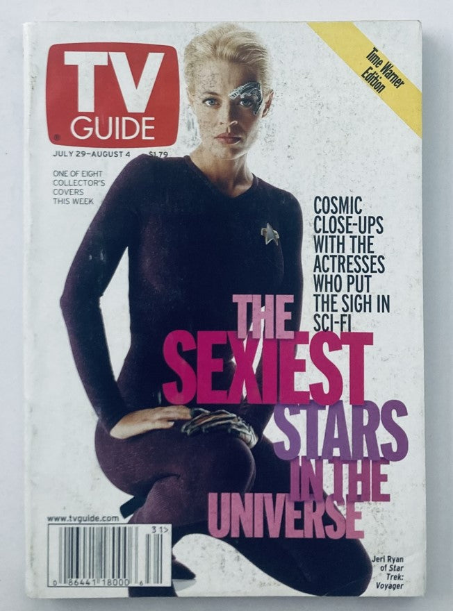 TV Guide Magazine July 29 2000 featuring Jeri Ryan on the cover, showcasing the theme 'The Sexiest Stars in the Universe' with a vibrant design, part of the Time Warner-Tampa Bay edition.