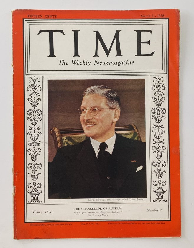 VTG Time Magazine March 21 1938 Vol 31 No. 12 Austria's Kurt von Schuschnigg