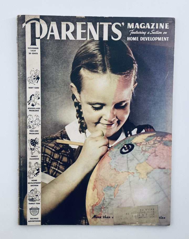 Cover of VTG Parents' Magazine November 1939 featuring a young girl drawing on a globe, representing the theme 'Parents Need To Stand Together'. This vintage magazine highlights parenting insights and family dynamics of the late 1930s.