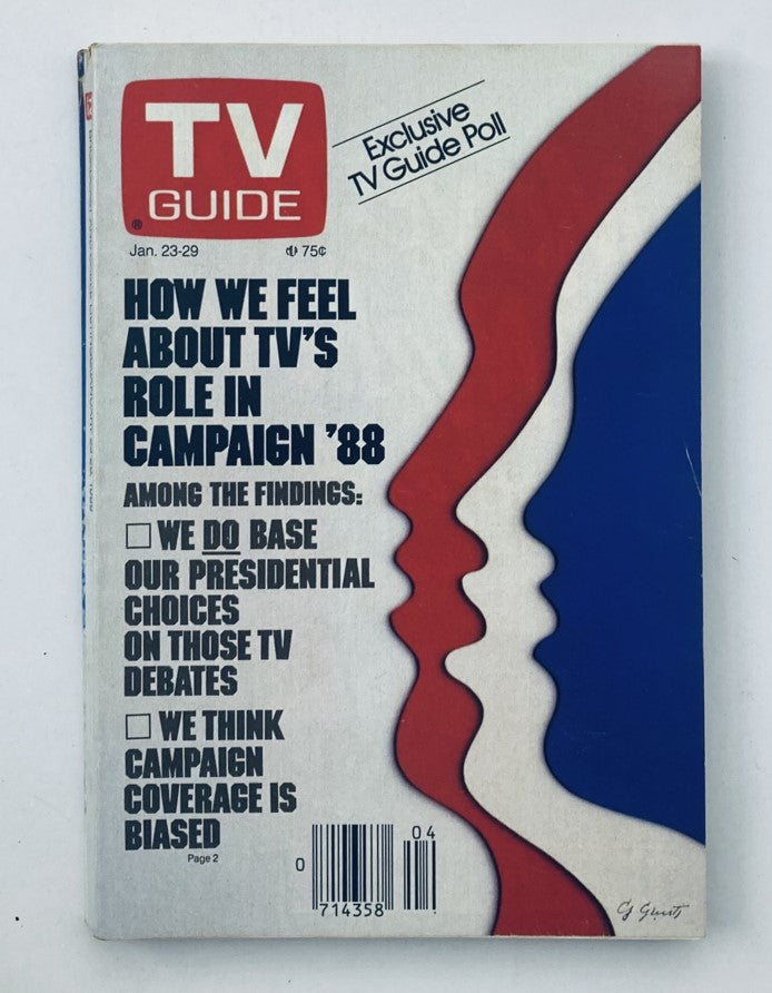Cover of TV Guide Magazine dated January 23-29, 1988, featuring an article on TV's role in Campaign '88. The cover highlights public sentiment on televised presidential debates, emphasizing biased coverage and its impact on voter decisions.