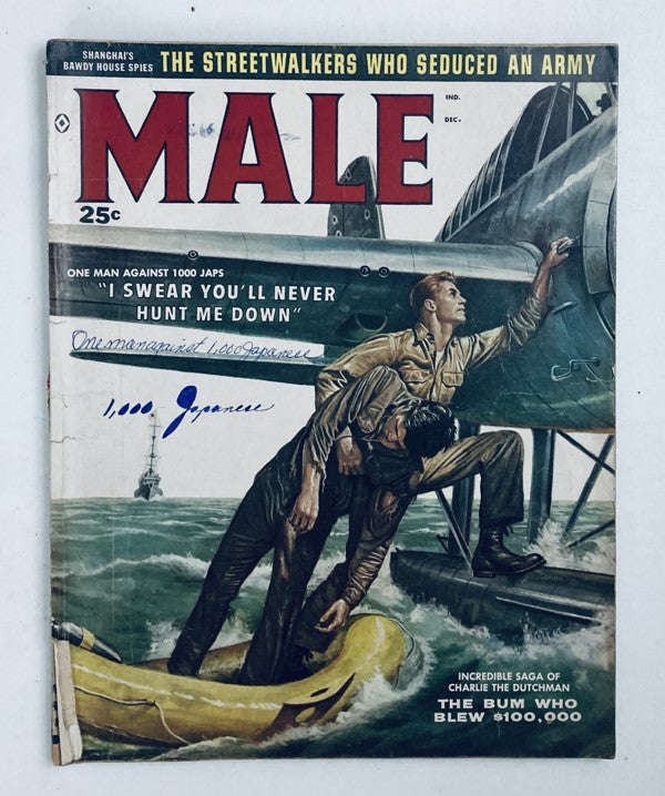 Cover of VTG Male Magazine December 1958 Vol 8 No. 12 'Getting Even with Sidney,' featuring a dramatic illustration of soldiers and a vintage logo.