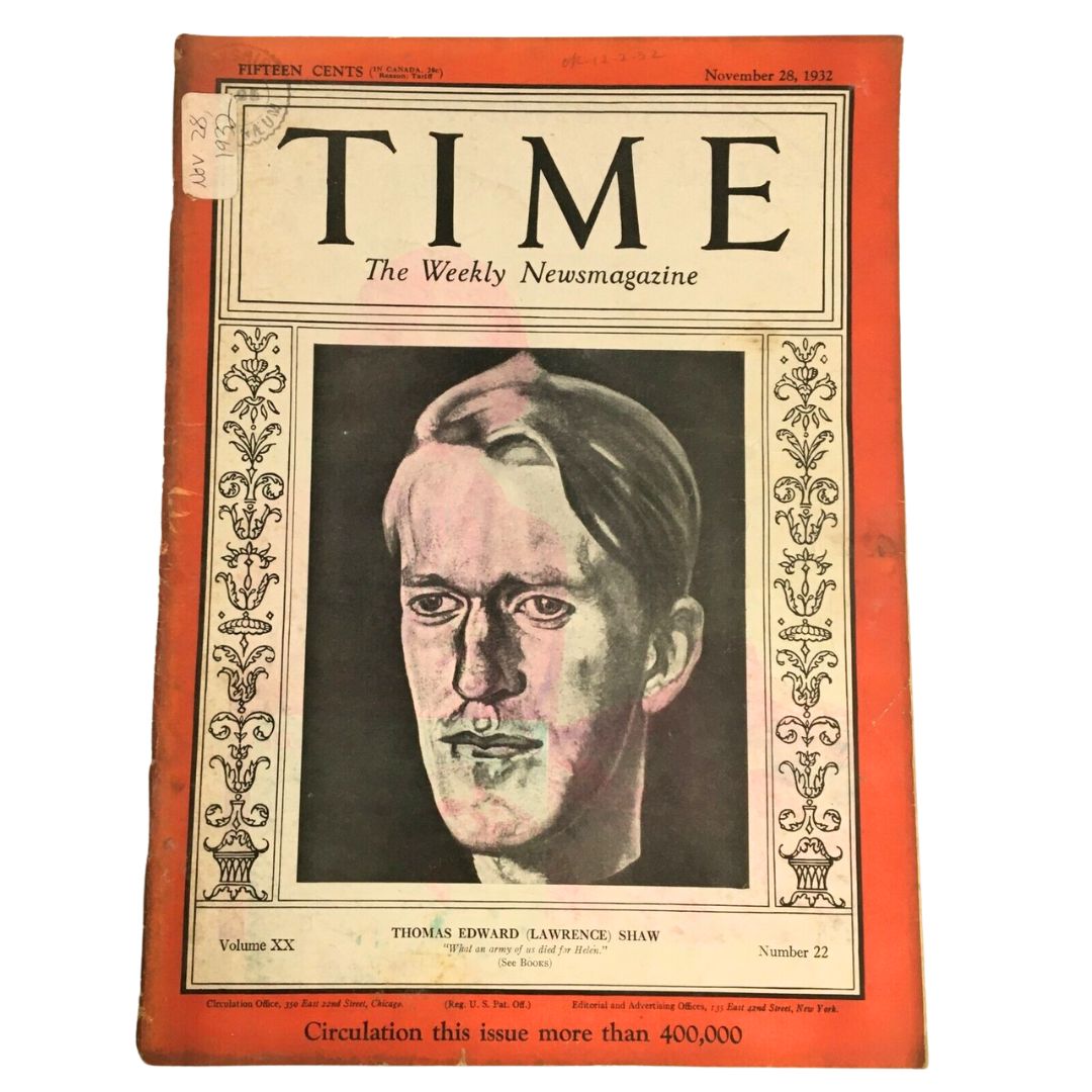 Time Magazine November 28 1932 Vol 20 #22 Thomas Edward "Lawrence" Shaw