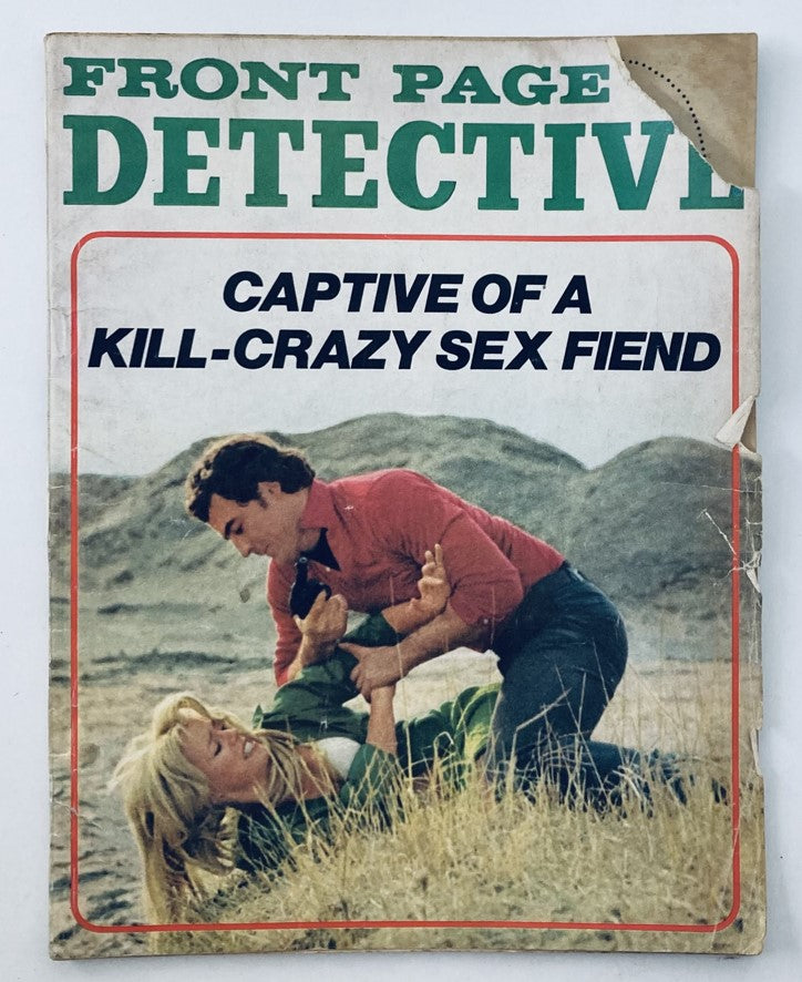 Cover of VTG Front Page Detective Magazine June 1971 featuring dramatic scene depicting the headline 'Captive of a Kill-Crazy Sex Fiend' with two characters positioned in a gripping struggle against a rugged landscape.