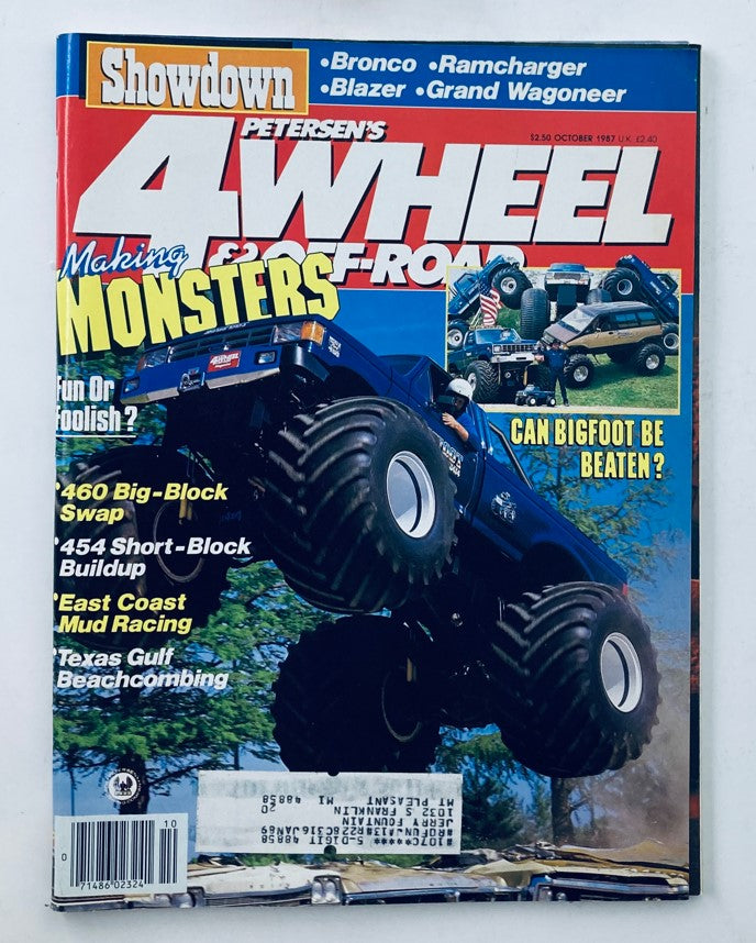 Cover of Petersen's 4 Wheel & Off-Road Magazine from October 1987 titled 'Making Monsters', featuring a mudding monster truck, off-road vehicle showcase, and articles on four-wheel drive adventures.