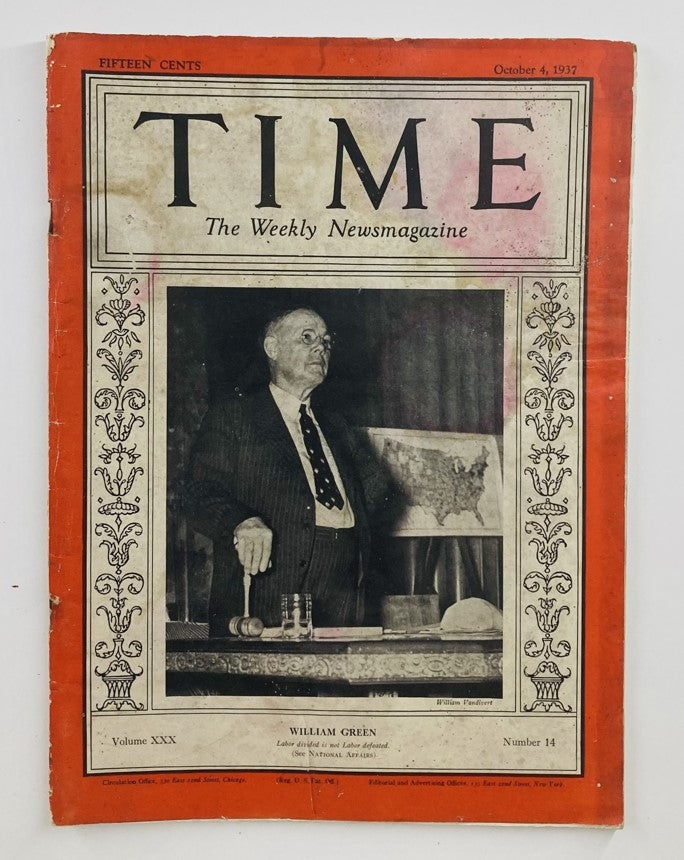 VTG Time Magazine October 4 1937 Vol 30 No. 14 William Green Good Interior