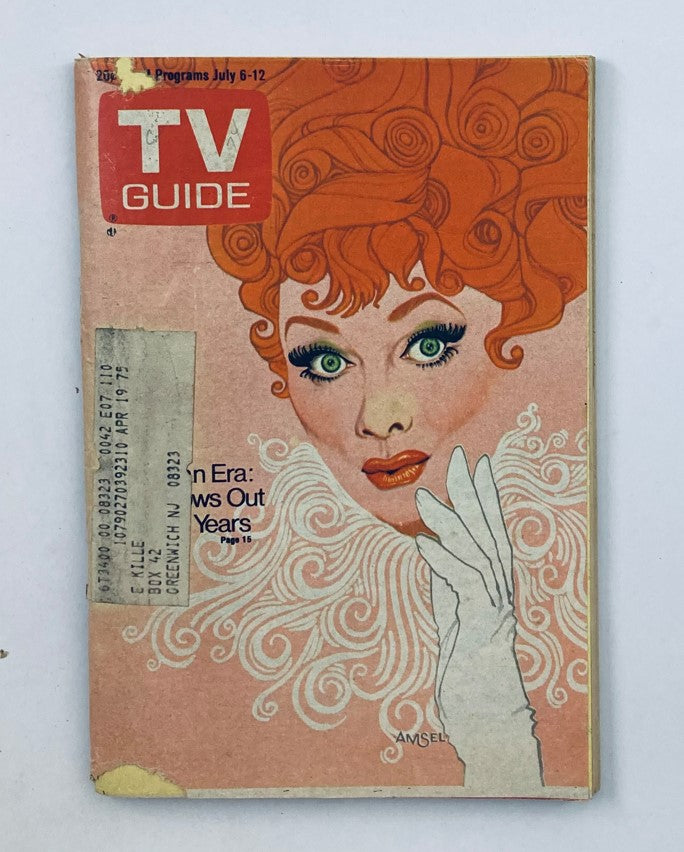 TV Guide Magazine July 6 1974, Issue #1110 featuring a cover illustration of a woman with curly red hair and green eyes, highlighting its iconic design.