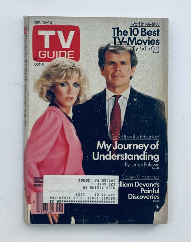 TV Guide Magazine from January 12-18, 1985, featuring a cover story about William Devane, alongside an image of a man and a woman. The cover highlights 'The 10 Best TV-Movies' by Judith Crist and includes the tagline 'My Journey of Understanding' by James Baldwin. Rare collectible item in pristine condition.