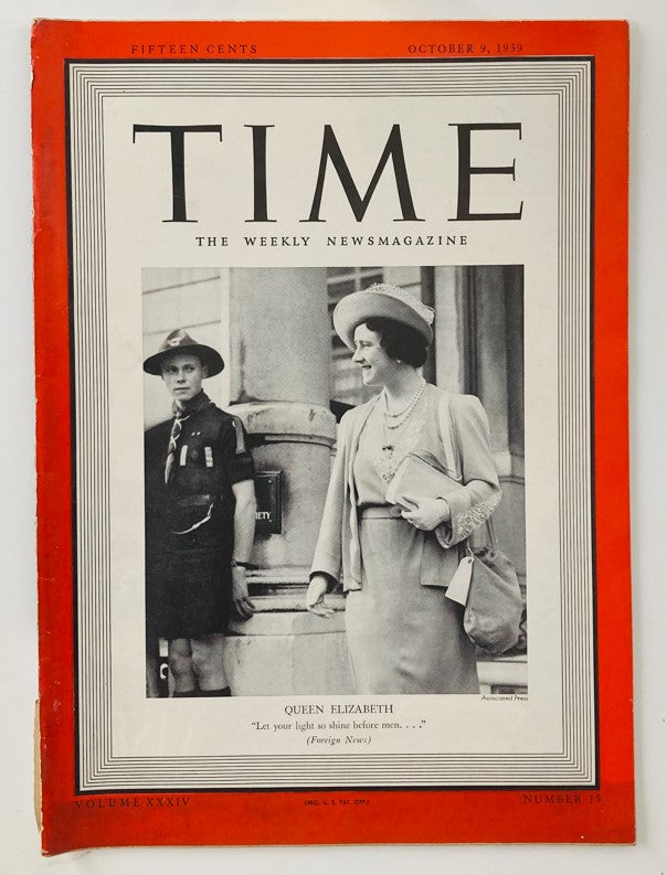 VTG Time Magazine October 9 1939 Vol 34 No. 15 Queen Elizabeth WWII